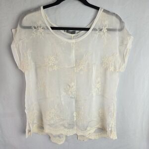 Angela Moda Sheer Silk Blend Floral Embroidered Top Medium Italy Fairy Ivory